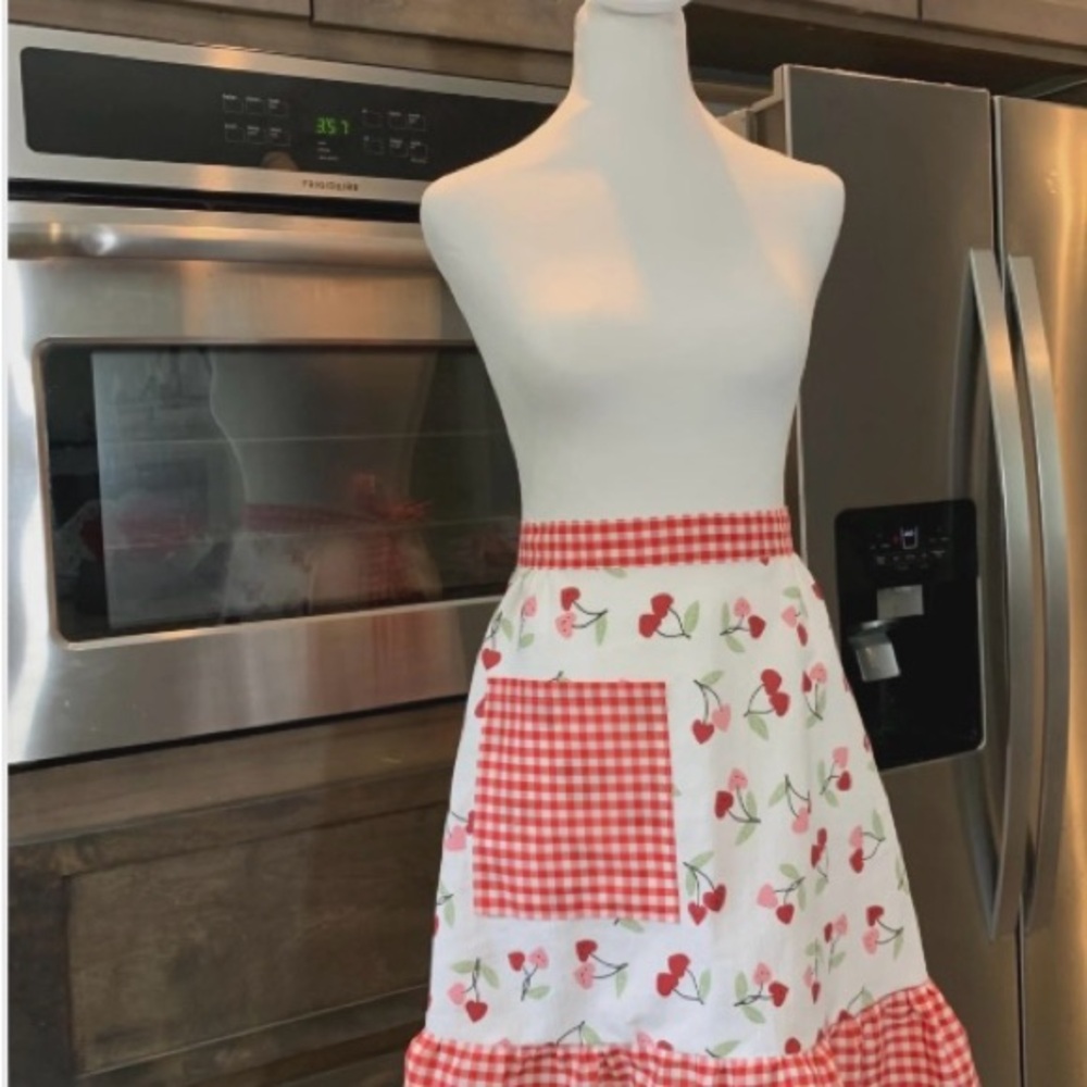 Handmade Vintage style red gingham and cherry print apron
